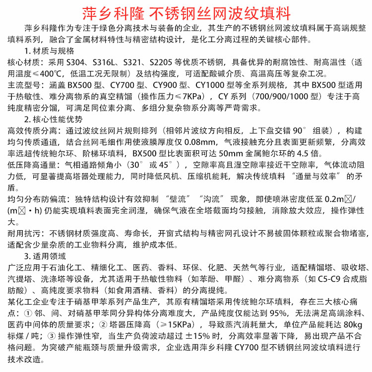 科隆填料304/316L材质丝网波纹应用硝基甲苯精密精馏项目CY700 型